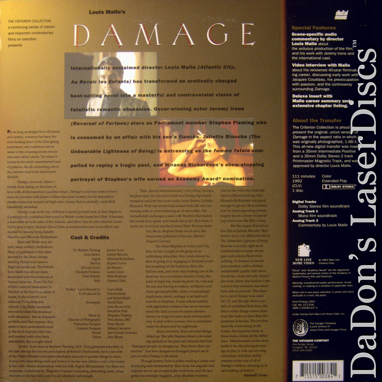 Excerpts from the 1993 Criterion LaserDisc Audio Commentary by Louis Malle  for Damage (1992) 